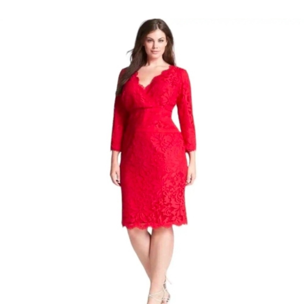 Tadashi Shoji Red Sheath Dress with 3/4 Sleeves and V-Neck